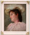 082185 OIL ON CANVAS CIRCA 1880 12 X 10 LADY HAT