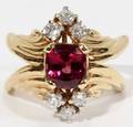 071245 RHODIUM GARNET  DIAMOND RING 14KT YELLOW GOLD