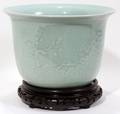 072315 CHINESE CELADON PLANTER TEAK STAND H 7