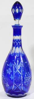 072284 POLISH CRYSTAL DECANTER BLUE CUT TO CLEAR