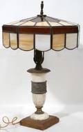 090387 MARBLE  METAL LAMP WCARAMEL SLAG GLASS SHADE