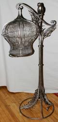 090386 WROUGHT IRON  BENT METAL BIRD CAGE  STAND