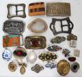 080423 VARIOUS PINS BROOCHES  BELT BUCKLES 25 PCS