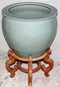 050507 CELADON FISHBOWL ON WOOD STAND H 14 DIA 17