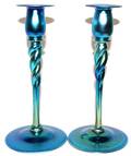 061007 STEUBEN BLUE AURENE GLASS CANDLESTICKS PAIR