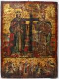 020100 GREEK ICON OIL ON WOOD PANEL SAINTS WCROSS