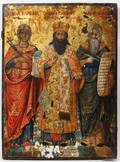 020098 GREEK ICON OIL ON PANEL SAINTS 18 X 13