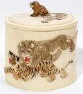122148 JAPANESE CARVED POLYCHROMED IVORY BRUSH POT