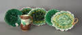 Group of majolica to include 3 Etruscan leaf form plates