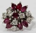 101311 DIAMOND AND RUBY 14 KT WHITE GOLD CLUSTER RING