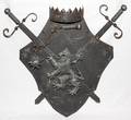 101404 IRON SHIELD WITH SWORDS AND SPIKED BALLS H 28