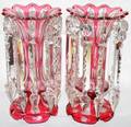 121389 CRANBERRY GLASS LUSTERS C 1900 PAIR H 10