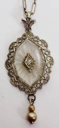 012393 ART DECO 14KT WGOLD DIAMOND  PEARL PENDANT