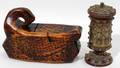 121500 FOLK ART CARVED WOOD SWANFORM SPICE BOX 