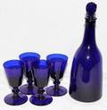 091476 HANDBLOWN COBALT GLASS DECANTER  GLASSES