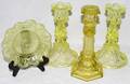 091489 VASELINE GLASS CANDLESTICKS  DISH 19TH C