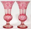 102496 ETCHED  FLASHED CRANBERRY GLASS VASES PAIR