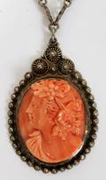 111589 CORAL CARVED CAMEO PENDANT ON CHAIN VINTAGE