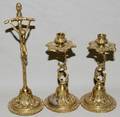 102556 BRASS CANDLESTICK HOLDERS PAIR AND CRUCIFIX