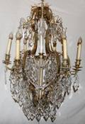 121034 BRONZE  CRYSTAL 6LIGHT CHANDELIER EARLY 20TH