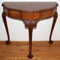 020006 WALNUT AND BURL WALNUT CARVED CONSOLE TABLE