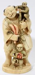 120013 CHINESE CARVED IVORY FIGURE HOLDING MONKEYS
