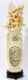 120010 CHINESE CARVED IVORY VASE WITH FLOWERS H 12