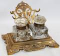 041120 GILT METAL INKSTAND WITH CRYSTAL POTS C 1900