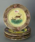 Six Majolica hound and stag plates