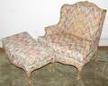 032119 CARVED WALNUT MARQUISE CHAIR  OTTOMAN C 1940