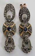 020151 14KT GOLD SILVER DIAMOND  SAPPHIRE EARRINGS