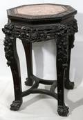 050274 CARVED CHINESE TEAKWOOD PEDESTAL TABLE MARBLE