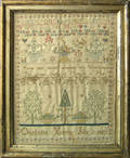 English silk on linen sampler dated 1807 wrought by Charlotte Young