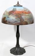 022218 REVERSE PAINTED GLASS SCENIC SHADE TABLE LAMP