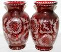 051394 BOHEMIAN ETCHED RUBY GLASS VASES C 1920