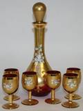 051393 BOHEMIAN RUBY GLASS DECANTER  GOBLETS 6