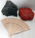 040331 CHINESE CINNABAR BOX CARVED BLOCK  WOOD FAN