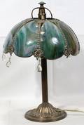 031413 SLAG GLASS  BRASS TABLE LAMP EARLY 20TH C