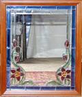 020417 MAHOGANY FRAMED MIRROR WSTAINED GLASS PANELS