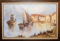 010428 OIL ON CANVAS BOATS IN VILLAGE HARBOR 24 X 36
