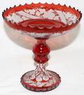 011511 BOHEMIAN RUBY FLASHED  ETCHED GLASS COMPOTE