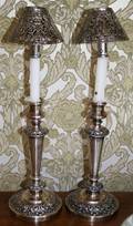 031503 SILVERPLATE SINGLELIGHT CANDLESTICKS WSHADES