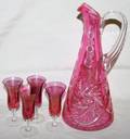 122507 CRANBERRY OVERLAY PITCHER WFOUR LIQUOR GLASSES