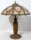 032509 SLAG GLASS  PAINTED METAL LAMP EARLY 20TH C