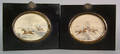 Pair of English oval miniature pen and ink steeple chase drawings ca 1825