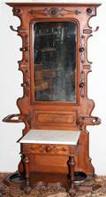 111096 VICTORIAN WALNUT HALL TREE WITH MARBLE TOP