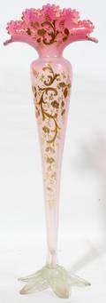 111087 VICTORIAN ENAMELED OPALESCENT GLASS VASE H 17