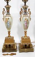 FRENCH PORCELAIN CHAMPLEVE  DORE BRONZE LAMPS