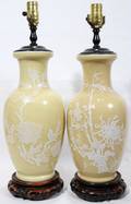 CHINESE YELLOW PORCELAIN LAMPS PAIR H 14
