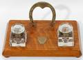 091138 VICTORIAN OAK  GLASS INKSTAND LATE 19TH C